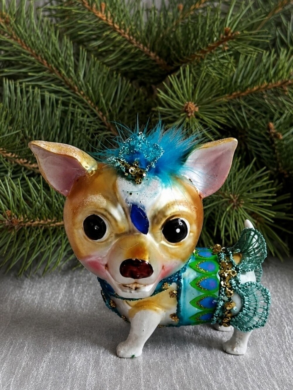 BestPysanky Chihuahua Peacock Dog Mercury Glass Vintage Christmas Ornament